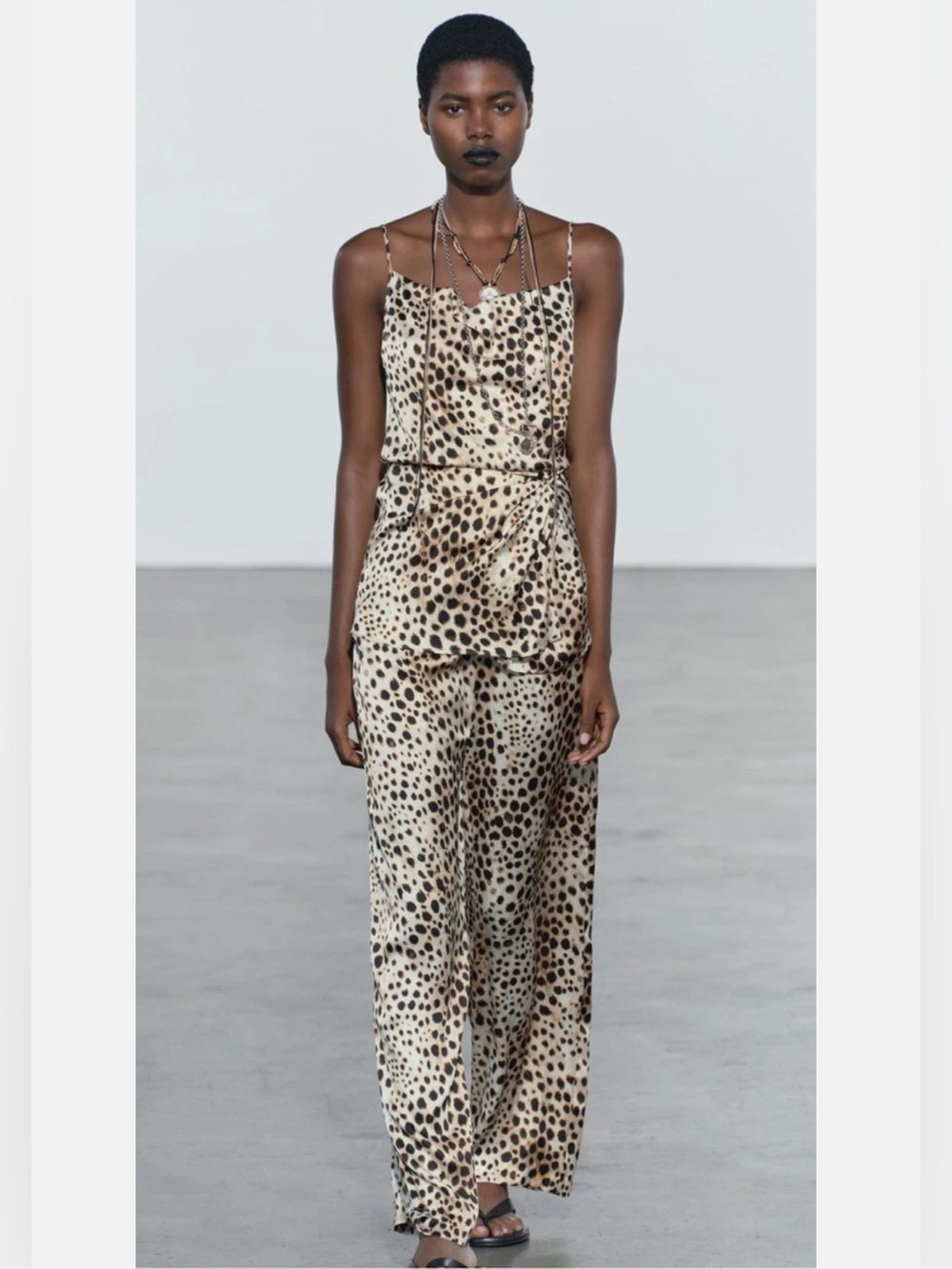 Zara NEW Neutral Leopard Print Satin Effect Tie Waist Wide Leg Pant Size XXL